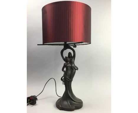 REPRODUCTION BRONZED FIGURAL TABLE LAMP,62cm high overall, along with another smaller table lamp (2)