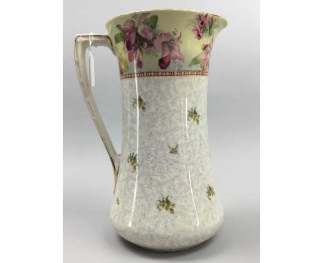 20TH CENTURY ROYAL DOULTON EWER AND BASIN, along with two matching chamber pots and a vase, with floral and gilt decoration