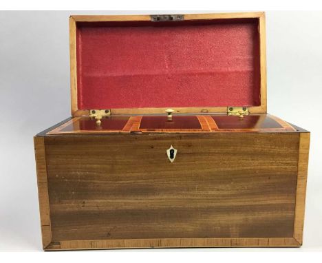 MAHOGANY AND BOXWOOD CROSSBANDED TEA CADDY,with two division interior, for restoration, 32cm wide