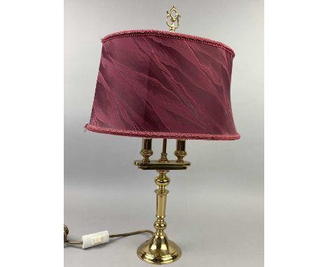 BRASS TWO BRANCH TABLE LAMP WITH SHADE,61cm high, along with a pair of brass table lamps and an alabaster table lamp (4)