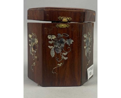 EARLY 20TH CENTURY CHINESE MOTHER OF PEARL INLAID HEXAGONAL CADDY,the lid with dragon amongst cloud decoration, 13cm wide