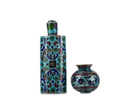 EASTERN WHITE METAL AND CLOISONNE ENAMEL SCENT BOTTLE,the lozenge form bottle decorated with scrolling and stylised foliage o