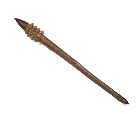 A 19th century Aboriginal club with a carved pineapple head, a tapering fluted body and a hatched handle, 62cm in lengthFive 
