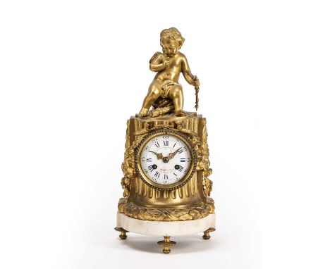 19th Century French gilt metal mantle clock, with a cherub Surmount, the enamelled dial signed Le Roy &amp; Fils Paris. the m