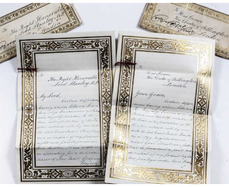 Two manuscript letters addressed to the 'Right Hon. Lord Stanley' and 'His Grace The Duke of Wellington' written in a fine lo