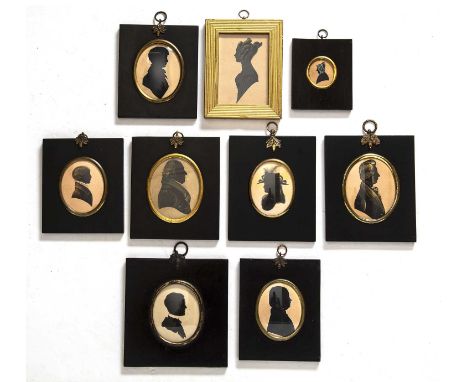 A group of nine 19th century silhouette portrait miniatures, unidentified male and female subjects in profile, in black and g