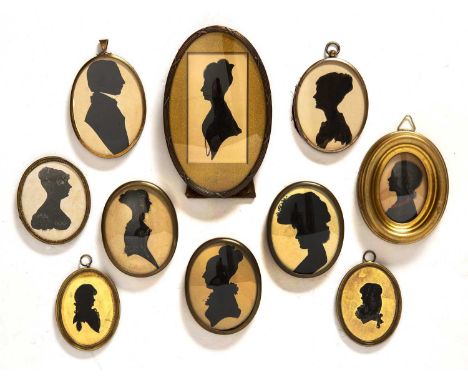 A group of nine 19th century silhouette British and Continental portrait miniatures, unidentified male and female subjects in