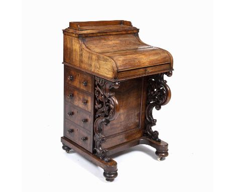 A Victorian burr walnut piano top Davenport desk, the pop up galleried top with drawers and pigeon holes above piano lid open
