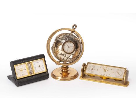 A 1950s Angelus Globe Clock, with thermometer, hygrometer and barometer. 18cm high, together with Turler desk timepiece, and 