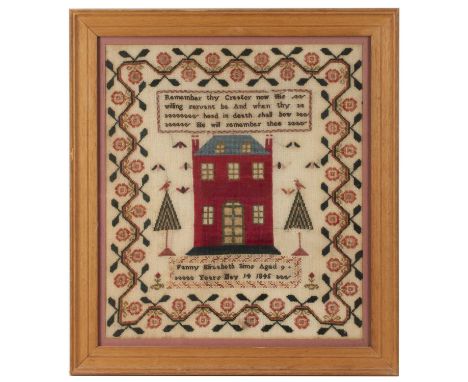 A 19th century woolwork sampler by Fanny Elizabeth Sims, aged 9, 14th May 1845, 32.5cm x 37cmModerate condition with some min