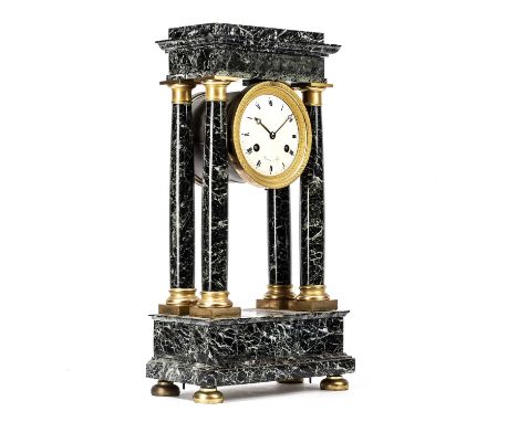 19th century French marble Portico mantle clock, the enamelled dial signed Binetruy Paris, overall 26cm wide, 23cm high, lack