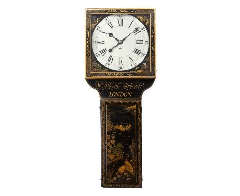 A black japanned tavern clock, the circular white painted Roman dial with Arabic five minutes, figure and foliate angles enca