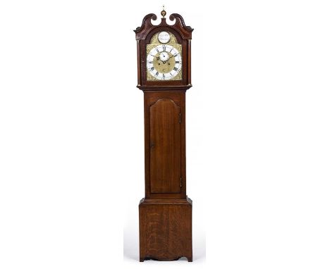 An early 19th century oak eight day longcase clock, the 11 3/4" break arch brass dial with silvered Roman chapter ring, Arabi