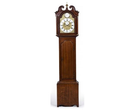 An early 19th century oak eight day longcase clock, the 11 3/4" break arch brass dial with silvered Roman chapter ring, Arabi