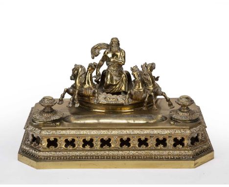 An antique Austrian gilt metal desk stand adorned with Poseidon and four hippocampus and inkwells, the octagonal base with pi