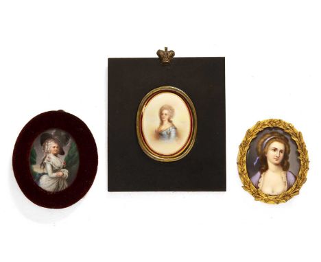 An oval miniature portrait on porcelain depicting a young woman with black ostrich feather hat and pink rose, 75 x 60mm in ve