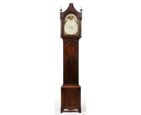 A George IV mahogany eight day longcase clock by William Dixon of Pickering with an ogee pediment, two brass ball finials, sa