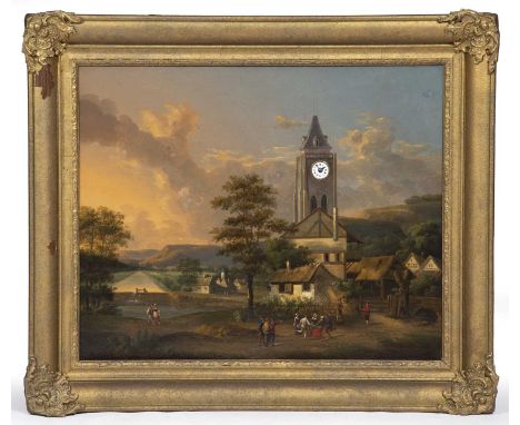 A 19th century picture clock, Tuscan village with church and figures, some dancing, oil on canvas, the clock with white ename