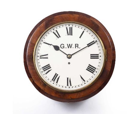 An early 20th century mahogany cased GWR dial wall clock with a fusee movement, the painted dial with roman numerals, marked 