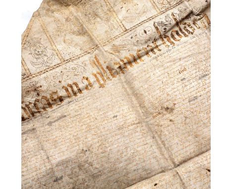 An early English vellum manuscript deed surmounted by a Royal Coat of Arms and within a scrolling tudor rose border. Date see