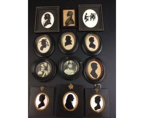 A group of ten silhouette portrait miniatures, varying subjects and sizes plus a pair of circular miniature photographs of H.