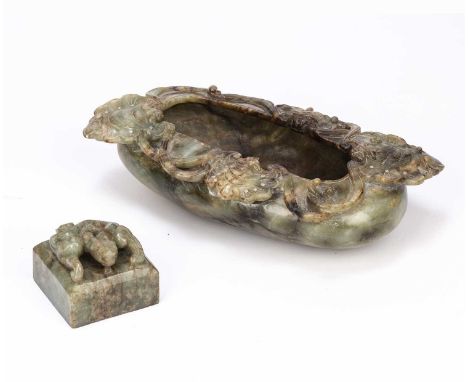 A Chinese hardstone brush pot 18cm wide x 11cm deep and a Chinese hardstone seal, 5cm square (2)In good condition