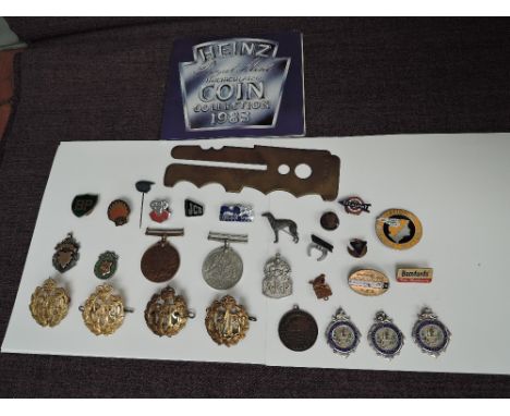 A collection of Medals, Badges and Fobs, three HM Silver Fobs Midland Scottish Railway Cricket, Two Silver &amp; Gold Footbal