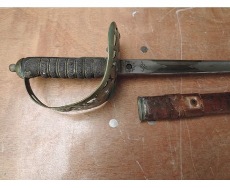 A George V British Infantry Officers Sword with leather scabbard, 1895 pattern with George V Cypher on basket and blade, blad