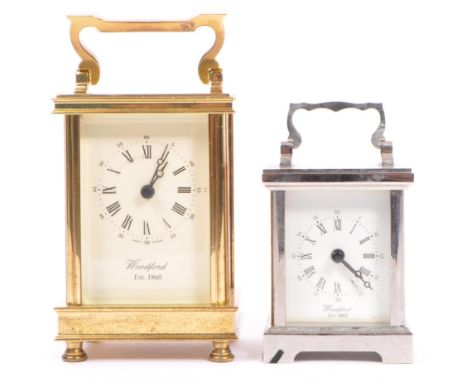 A Woodford brass carriage clock, made in England. Roman numerals to white dial face, with additional markings for 5, 10, 15 m