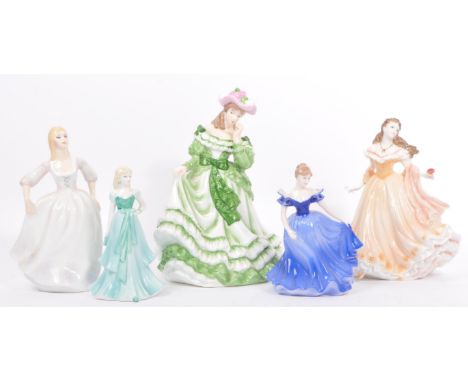 An assortment of 20th century vintage bone china figurines to include Royal Worcester Juliette, Coalport Miranda and Debutant
