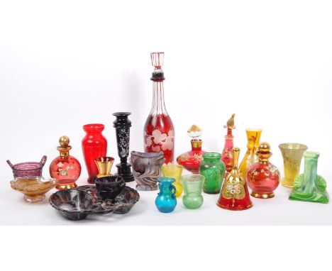 A collection of 20th century glass to include Venetian Murano Tre Fuochi collection of scent bottles and decanters, several p