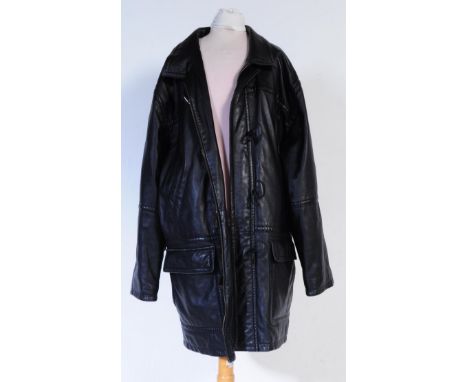 Burberry - A vintage designer 20th century men's gens Burberrys black leather trench coat / overcoat. The coat having slanted