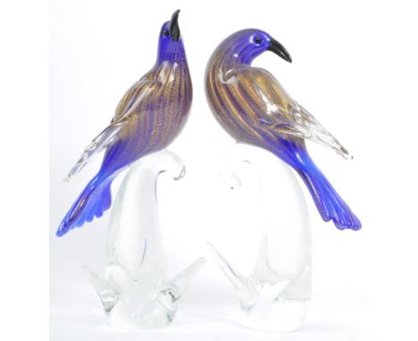 A pair of vintage 20th century Formia Vetri di Murano blown glass shaped centrepieces. Each piece having a blue &amp; gilt de