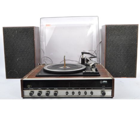 Ultra - Vintage mid 20th century record player turntable. Model number, 64574. Wood veneered base with plastic clear top. Tog