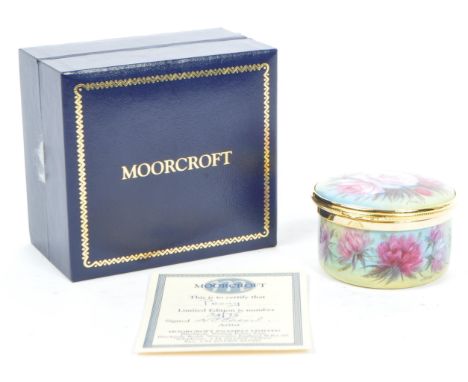 A vintage late 20th century circa 1998 Moorcroft limited edition signed N. Creed enamelled copper trinket box titled ' Peony 
