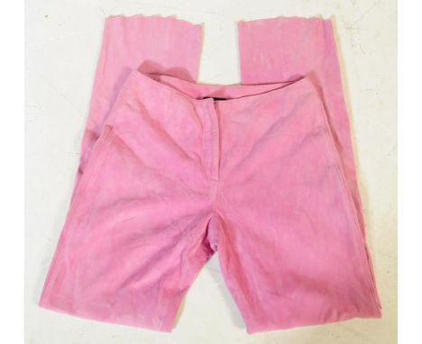 Versace - A pair of vintage circa 1990s Versace Sport mauve pink suede leather straight leg trousers with cover fly to rise. 