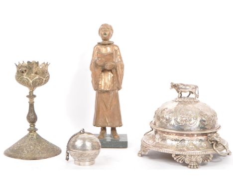 A collection of 19th century silver plated items to include a Victorian lidded dish having a finial modelled in the form of a