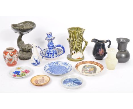 A collection of 20 retro 20th century hand painted / pressed coloured vases and ornaments, sugar sifter, candle holder, jugs 