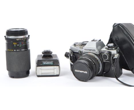  A selection of camera / photographic equipment to include:  An Olympus OM10 35mm film Camera, serial number 971099, with ori