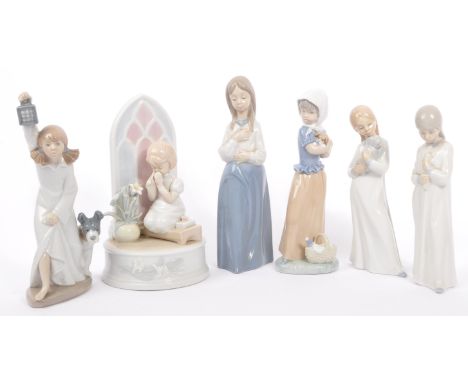 Nao for Lladro - Handmade in Spain - A collection of five porcelain china tableware figurines. Depicting children with dogs, 