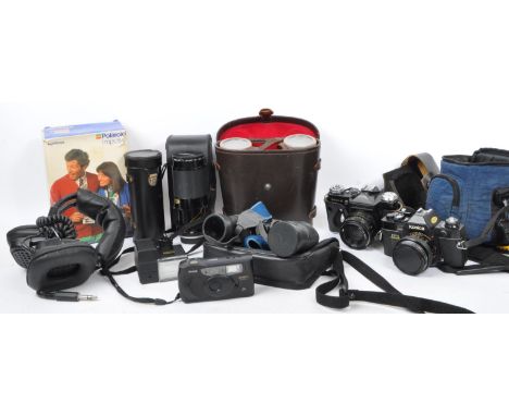 A collection of Cameras and Binoculars to include: Cased Zenit E 35mm camera with Helios lens, a cased Konica FP1 camera with