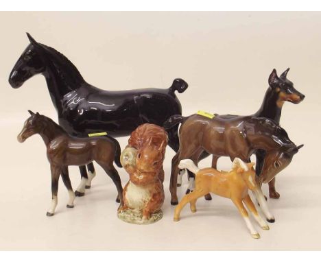 Beswick Squirrel Nutkin BP2, three foals and Black Magic horse, also a Royal Doulton Rancho Dobe's Storm. Condition report: s