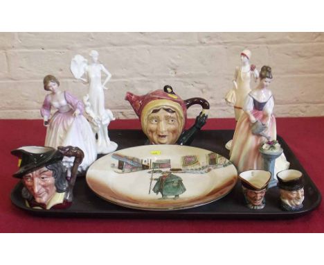 Two Royal Worcester figures, two Royal Doulton figures, Beswick tea pot and two Royal Doulton character jugs. Condition repor