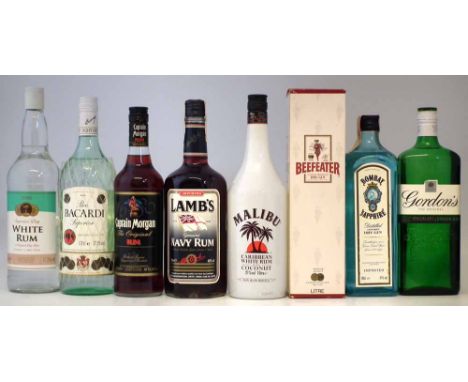 Gin and rum, to include Bombay Sapphire, Beefeater Dry Gin (in box) Malibu Coconut Rum, Lamb's Navy, Captain Morgan, Bacardi 