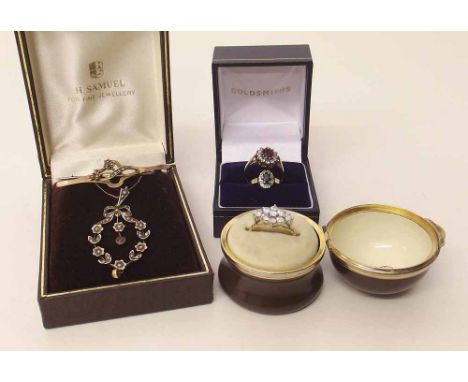 Three 9ct gold dress rings, Victorian brooch and an oval seed pearl pendant, masonic brooches. Condition report: see terms an