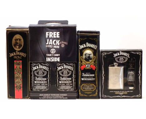 Jack Daniels, three 1 litre bottles, (two in one presentation pack) and a 70cl bottle in tin case and a 50ml and hip flask gi