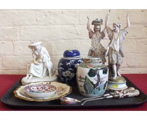 Pair of painted bisque figures, Parian figure, Royal Worcester plate, a pair of salad servers, two Chinese ginger jars and a 