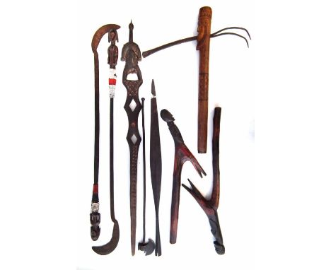 Collection of items, to include two Fang currency weapons, a Cameroon Namji staff, a spear head, small axe, figural adze, and