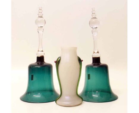 Two green glass Stourbridge decorative hand bells and continental vase. Condition report: see terms and conditions