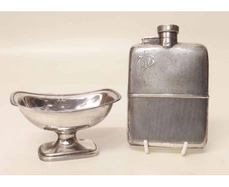 Silver hip flask and plated salt cellar with silver spoon. Condition report: see terms and conditions